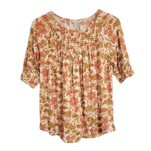 Lucky Brand Floral Pink Brown White Multi Short Sleeve Smocked Top Blouse Medium